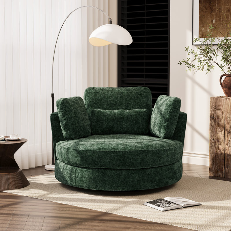 Fauteuil d'appoint en tonneau pivotant surdimensionné rembourré, Chenille verte