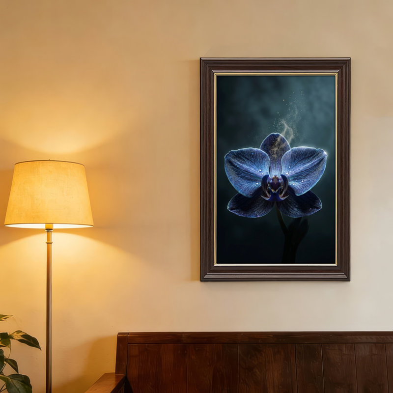 Art mural antique sur toile encadré doré pour le salon, la chambre à coucher, le bureau ou le vestibule - décoration murale décorative avec orchidée bleue