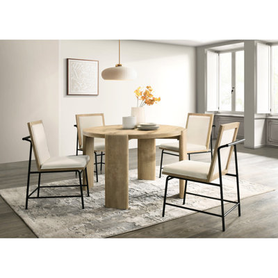 Cream Upholstered Chair Dining , 47-inch Round Table, Solid Rubberwood And Oak Veneer, 1 Table 4 Chairs, 35.5-inch Height, 18.5-inch Seat Width With , 30.5-inch 19.5-inch Height
