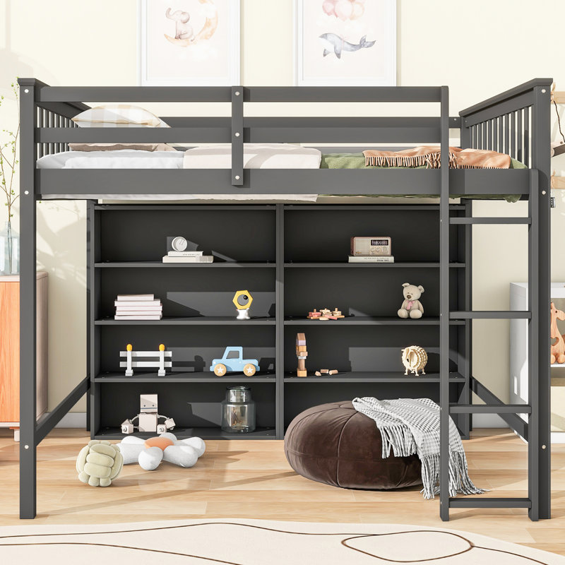 Lit mezzanine avec 8 grandes tablettes et une chambre à coucher intégrée, Gris