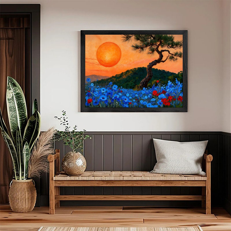 «Moonlit Pine Forest», encadré noir, pleine lune, peinture de champ de fleurs sauvages, art mural paysage nature Moody Mystical