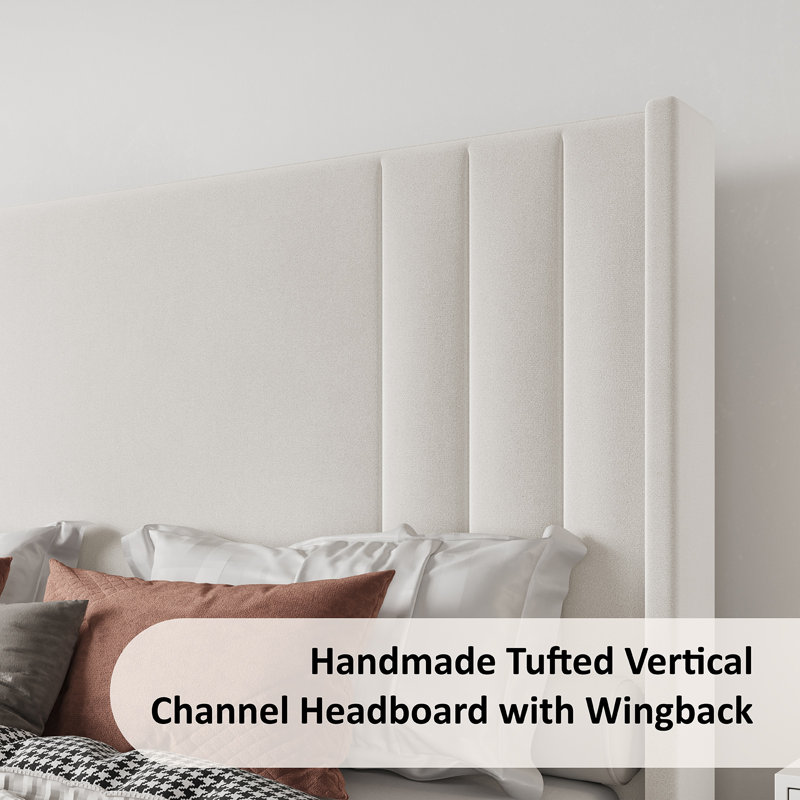 Cream Velvet Queen Platform Bed with Tufted Headboard