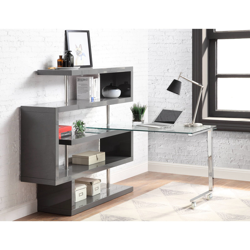 Bureau d'écriture gris avec plateau en verre transparent et élément de rangement à 4 tablettes en verre moderne avec 4 compartiments de finition