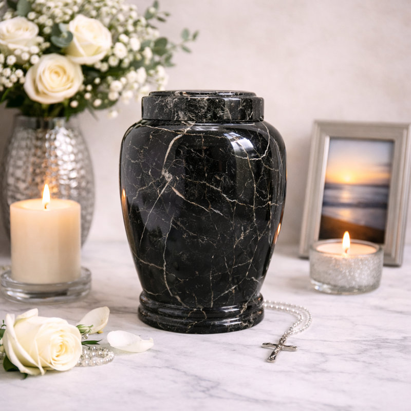 Decorative Marble Cremation Urn For Adults, Marbled Pattern, Large Capacity, Black