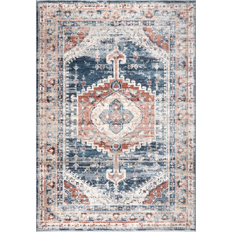 Mauna Oriental Medallion Loa Power Loom Performance Blue/Orange Rug, Square 5'