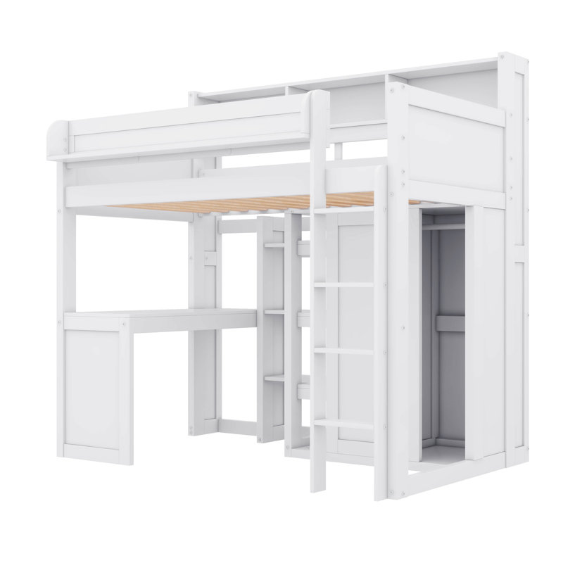 Lit mezzanine simple avec tablettes et garde-robe, Blanc