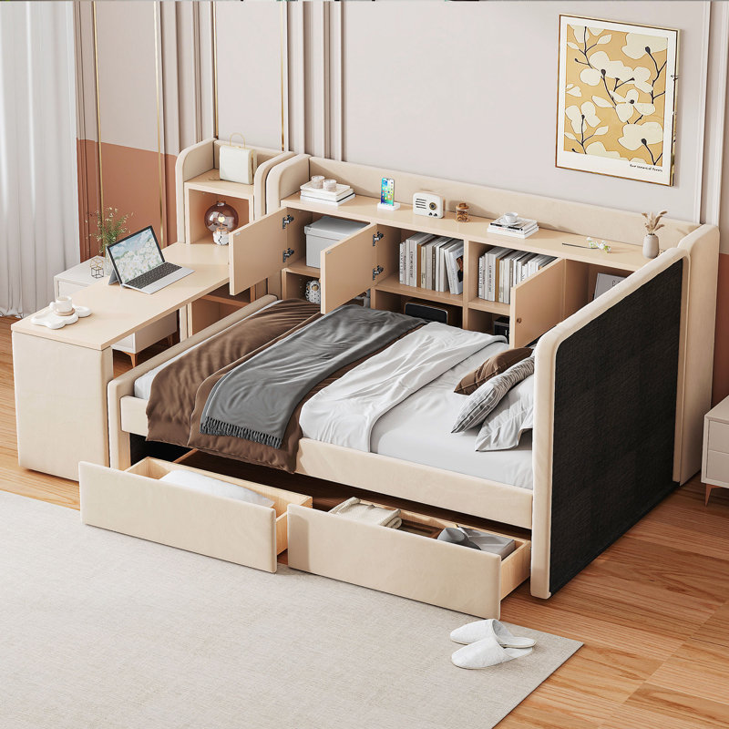 Lit de jour simple tapissier avec tiroirs, Beige