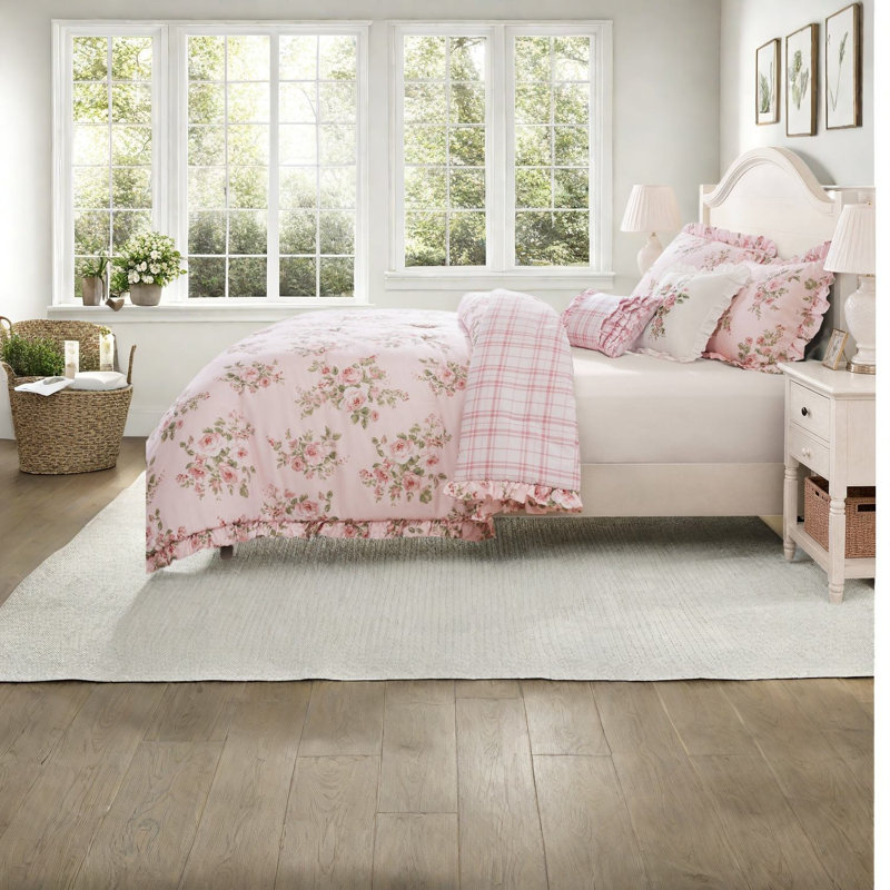 Ensemble de literie King, couette en microfibre rose à fleurs avec taies d'oreiller à volants