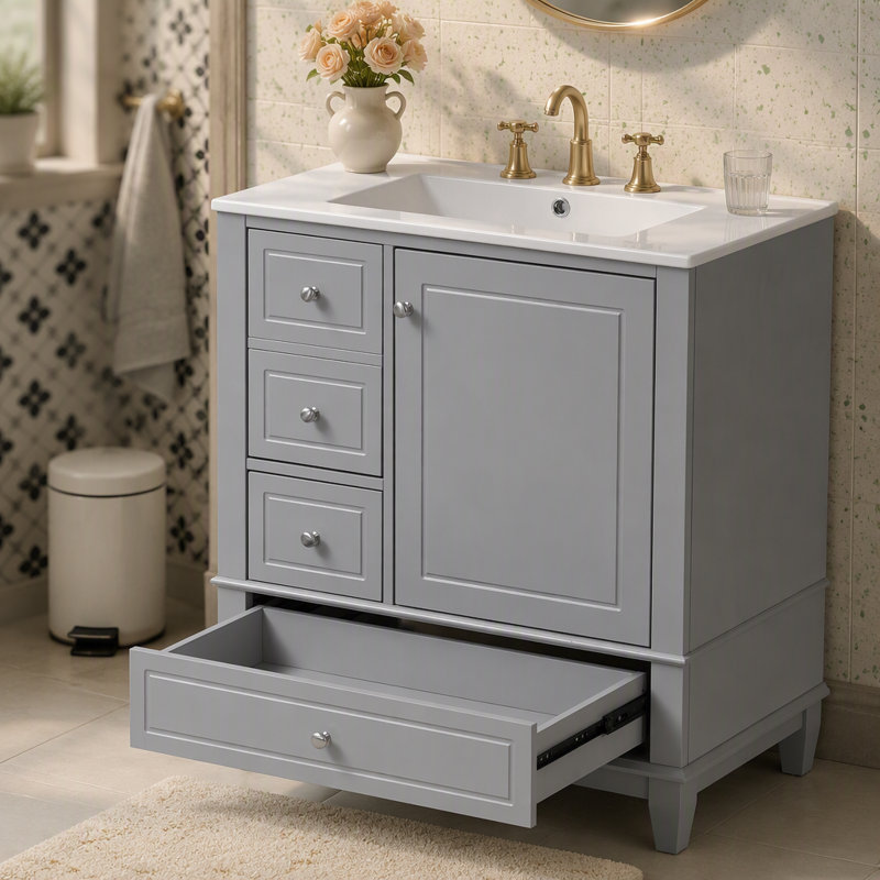 Meuble-lavabo 30 po avec lavabo, une porte avec tablette et trois tiroirs, porte à fermeture douce, porte droite, Gris