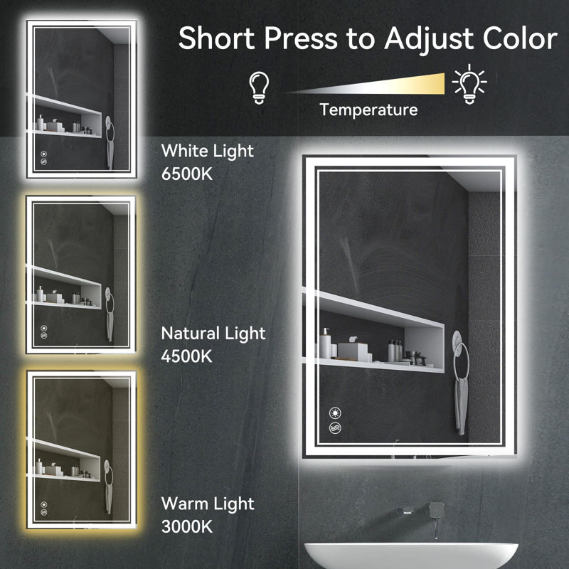 Bathroom Mirror with Lights Anti-Fog Dimmable Lighting 3 Colors  LED Bathroom Mirror Brightness Wall Mounted Easy To Set Up  Horizontal/Vertical