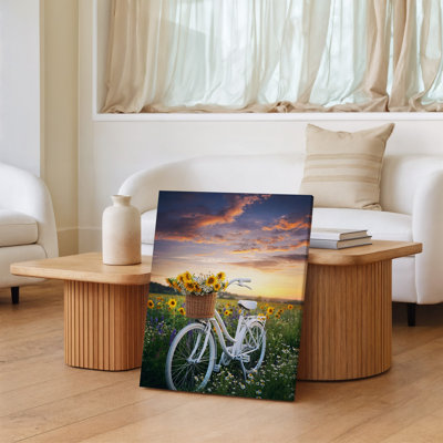 Canvas A Vintage White Bicycle Stands In A Vibrant Field Filled Wall Art With Wildflowers Featuring A Large Woven Basket Overflowing Canvas Wall Art