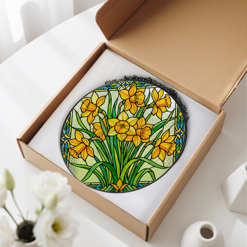 7.8"H Daffodil Pattern Stained Glass Window Panel