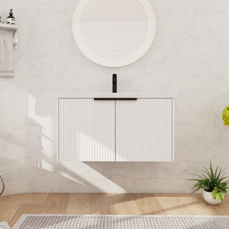 Ensemble de meuble-lavabo flottant simple 36 po, meuble-lavabo mural avec lavabo en résine, 2 portes, Blanc