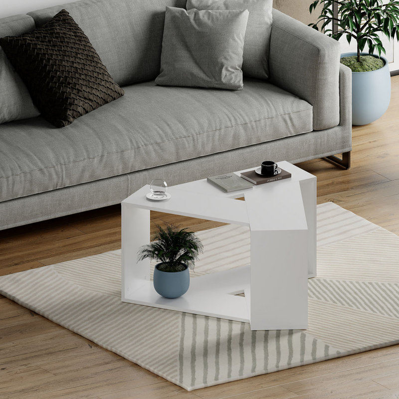 Modern Geometric Coffee Table with Open Shelf and Angular Design, White