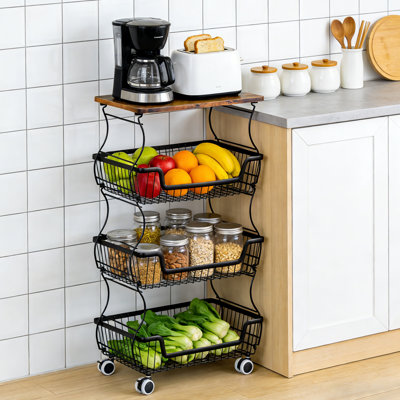 Chariot de cuisine sur roulettes à 4 niveaux avec plateau en bois, panier de rangement robuste en métal avec roues de 88 lb