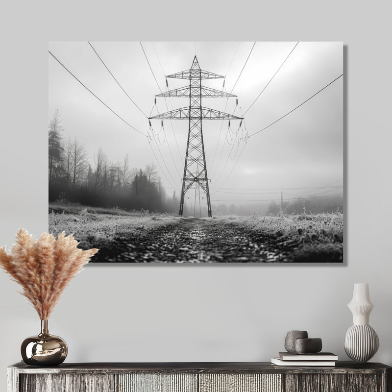Lignes électriques monochromes d'hiver gris Aura Power Lines - Power Lines Wall Art Living Room, H 24 po x l 32 po