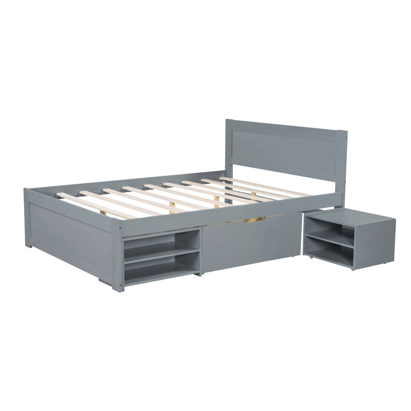 Platform Bed With Drawer And Two Shelves, Gray