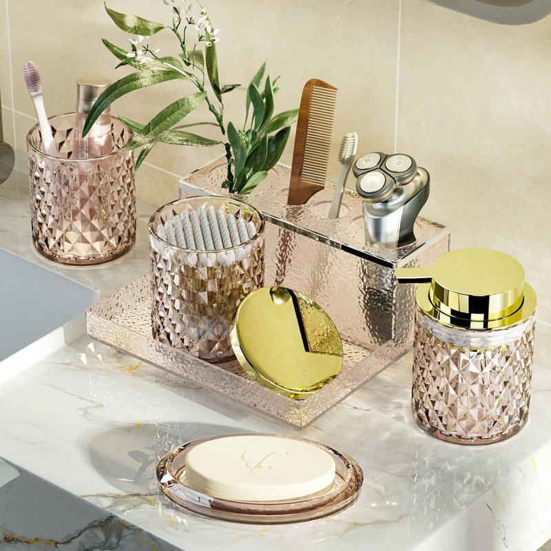 Ensemble d'accessoires de salle de bain en verre brun cristal, ensemble de comptoir de salle de bain 5 pièces