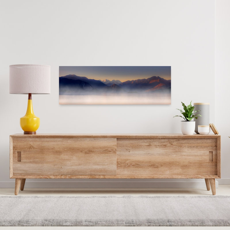 «Misty Lake Dawn Peaceful Serene Tranquil Landscape Mountain», art mural, H 12 po x l 36 po
