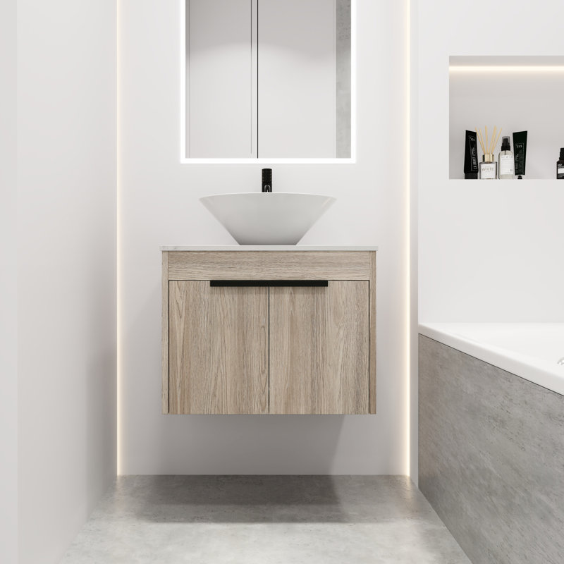 Meuble-lavabo de 24 po avec lavabo en céramique, armoire murale flottante en chêne blanc, porte à fermeture en douceur, 2 portes de rangement, lavabo, design, armoires, style, espace de rangement spacieux,