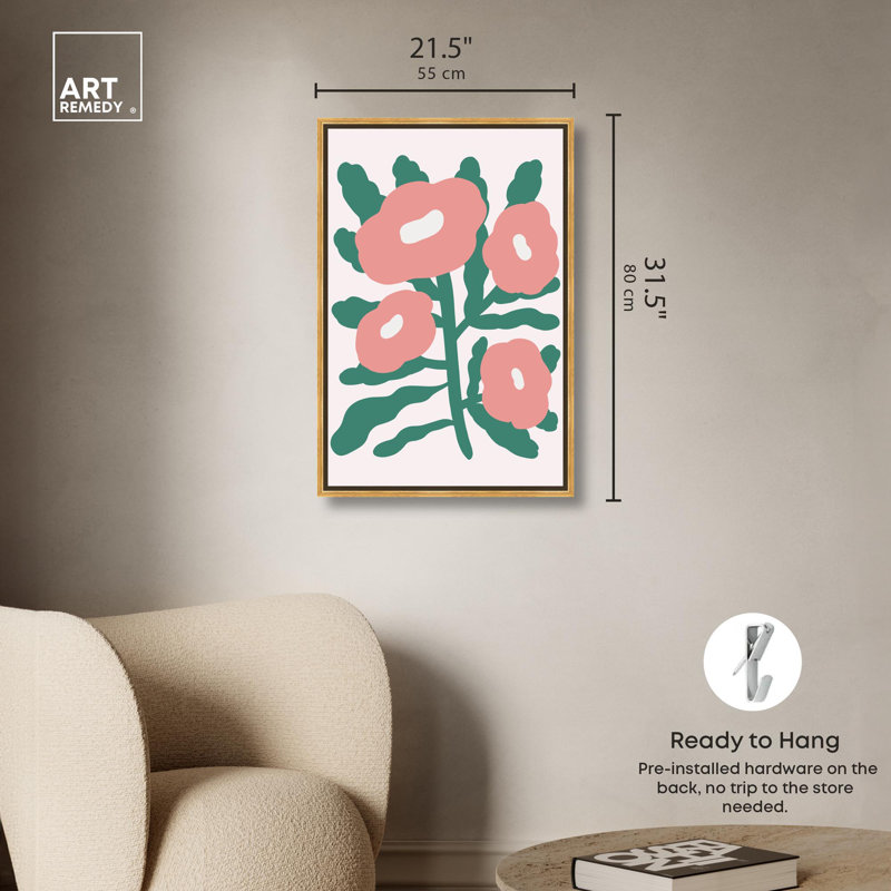 Theres Blush Flowers Pink and Green Canvas Print with Gold Frame