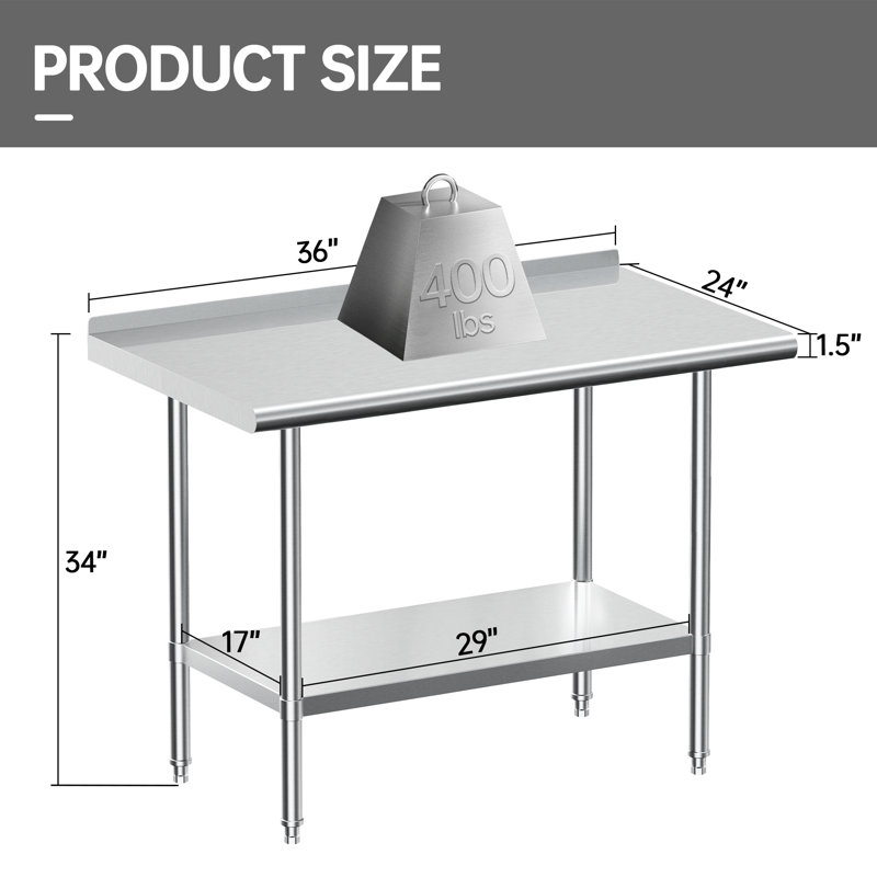 Table de travail en acier inoxydable avec dosseret, table commerciale pour table de préparation et de travail, P 24 po x H 34 po