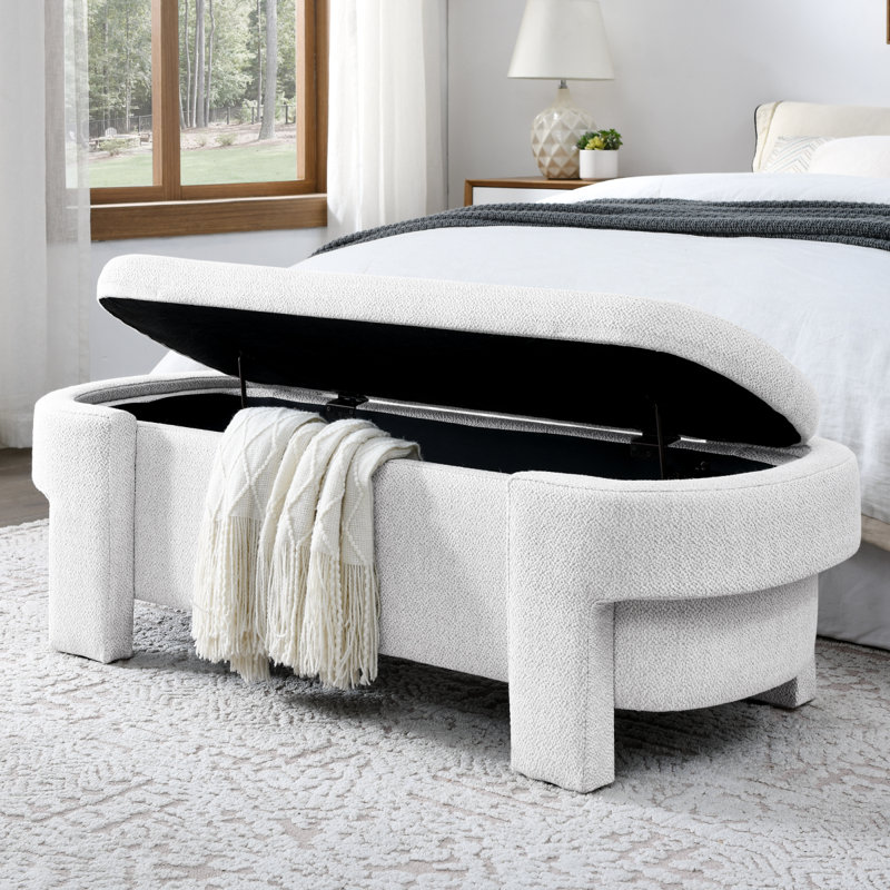 Banc rembourré en lin avec grand espace de rangement pour le salon, le vestibule et la chambre à coucher, blanc (51,5 po x 20,5 po x 17 po)