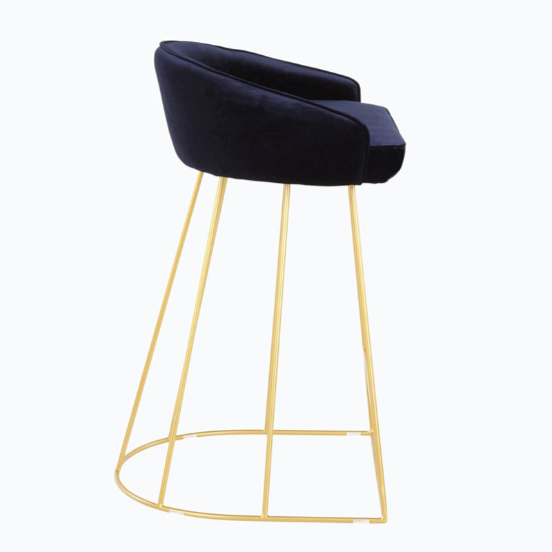 Indigo Blue Velvet and Gold Metal Counter Stools, Set of 2