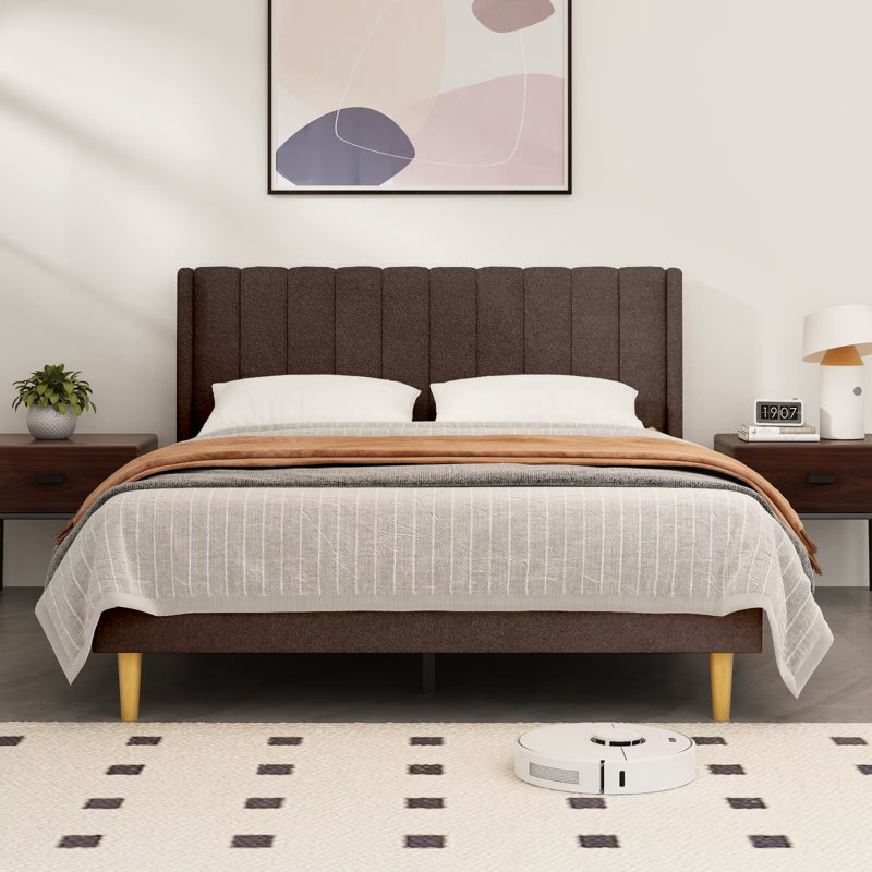 Base de lit tapissier avec tête de lit à oreilles Deeb, Double, Velours brun
