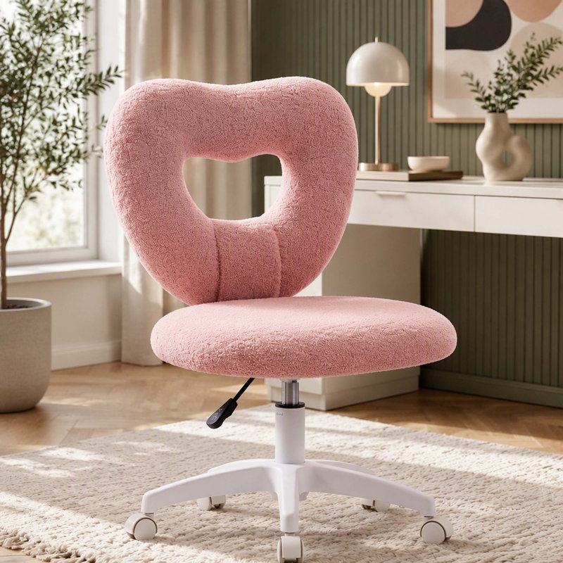 Mignon fauteuil de bureau sans accoudoirs, fauteuil de travail réglable en hauteur pour ordinateur, fauteuil de coiffeuse en molleton avec roues pivotantes, rose