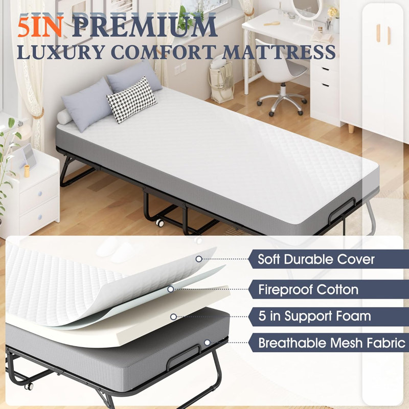 Folding Bed with 5" Memory Foam Mattress, Roll Away Beds with Metal Frame for Adults, Portable Foldable Bed with Wheels and Dustproof Bag