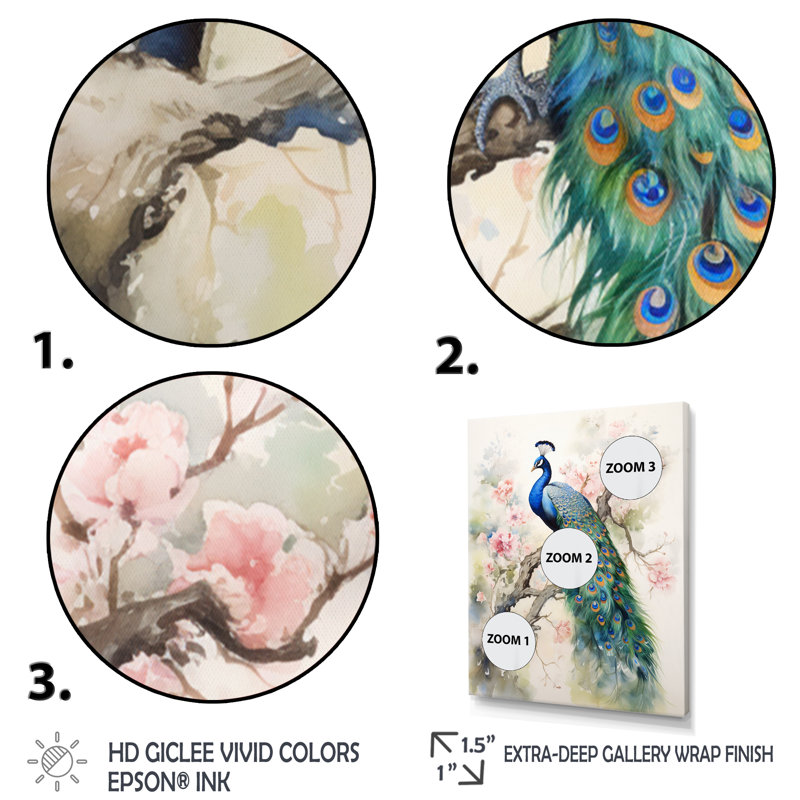 «Badrulla Blue Ink Wash Peacock I», reproduction d'art sur toile, H 32 po x l 16 po, Cadre flottant noir