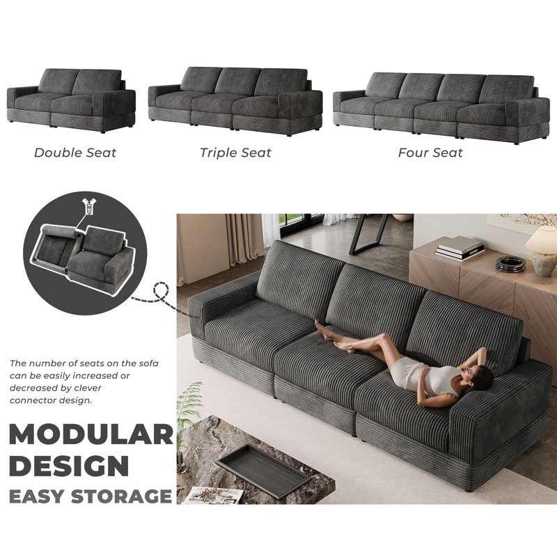 107.5''w Corduroy Modular Sectional Sofa, Comfy 3-seater Upholstered Oversized Couch With Armrests And Deep Seat, Modern Sleeper Sofa Bed For Living Room, Bedroom And Office, Black