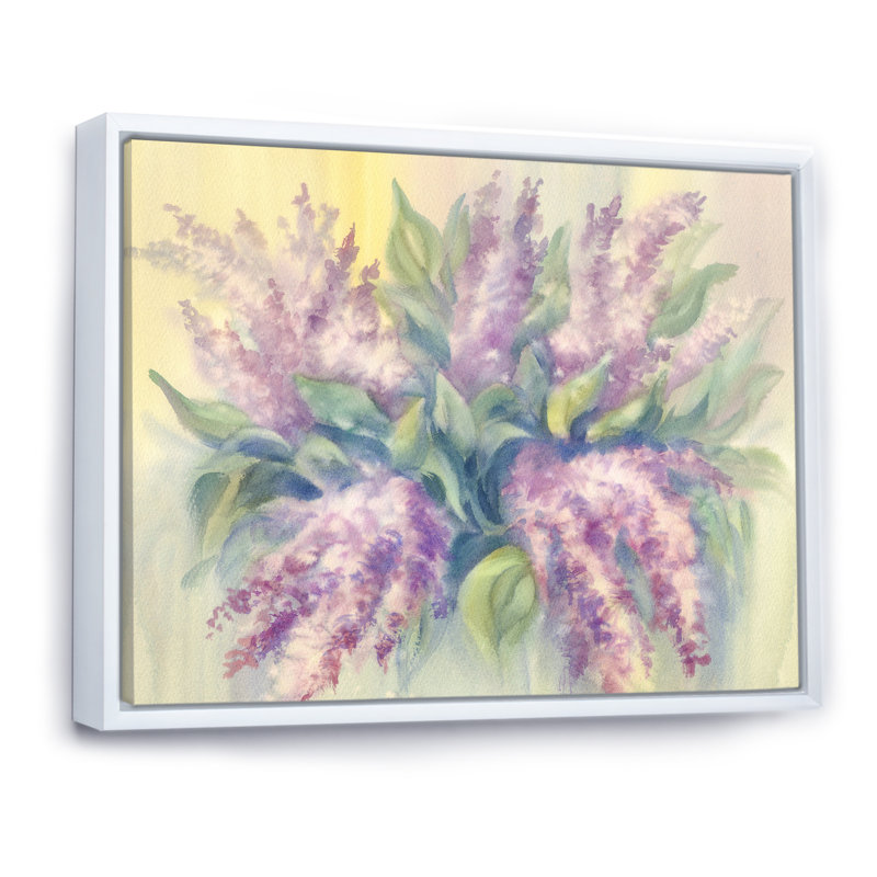 Lilas Bouquet In Vase - reproduction sur toile, H 8 po x l 12 po x P 1 po, Cadre flottant blanc