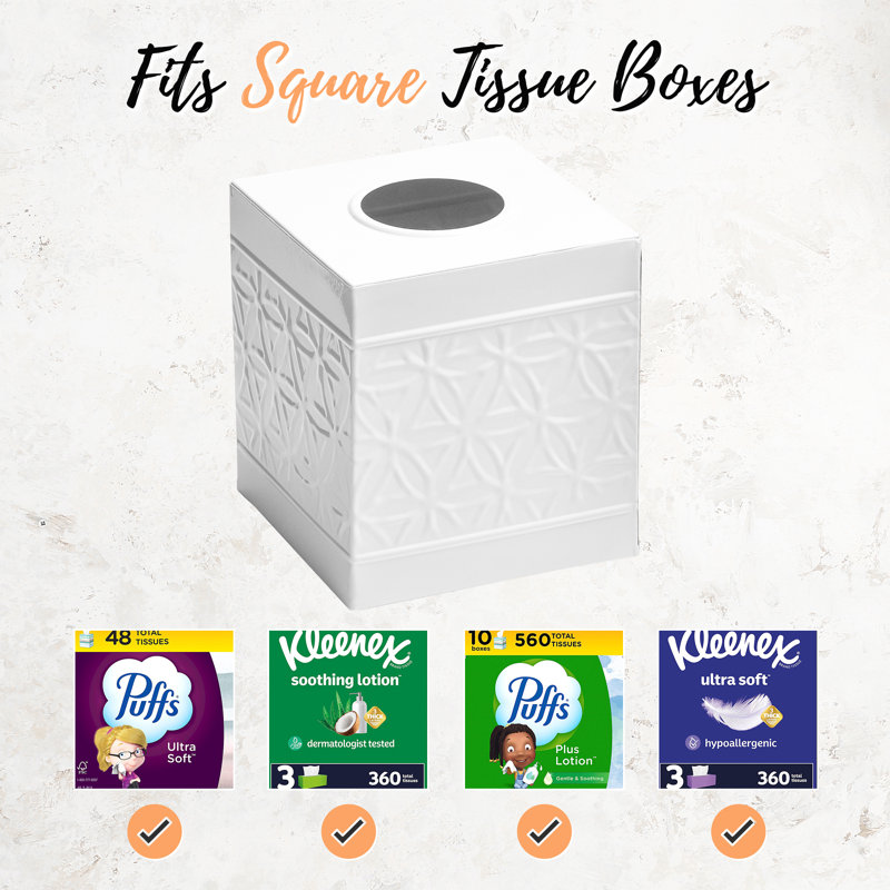 Glossy White Embossed Metal Square Tissue Box Cover