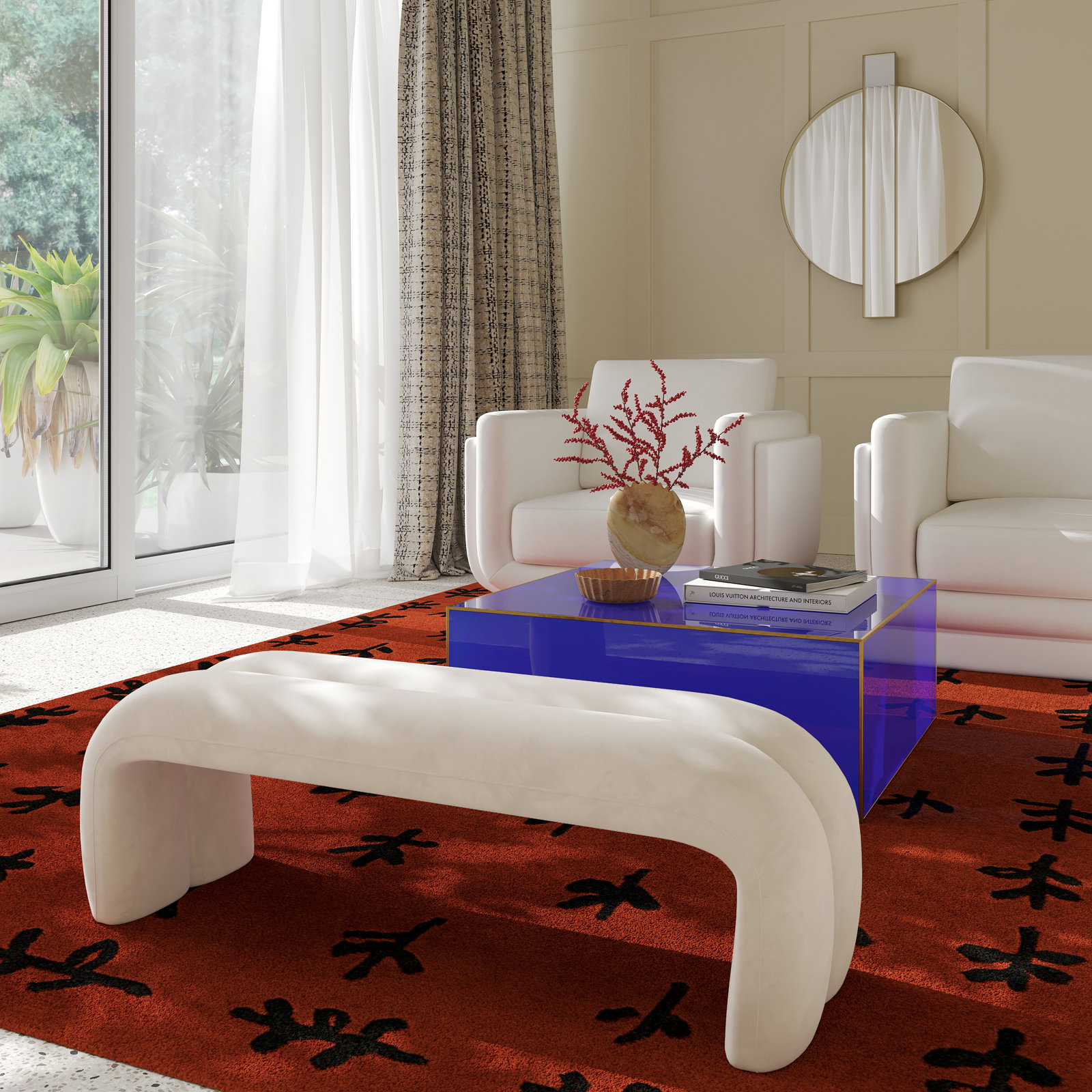 Oriole Velvet Bench, Cream