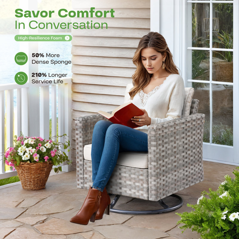 Baili 3 Piece Outdoor Swivel Chair, Rocking Patio Set With Cushions, Beige