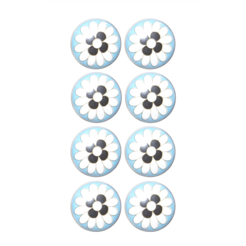 Set of Eight Blue White And Black Floral Ceramic Drawer Pull Knobs