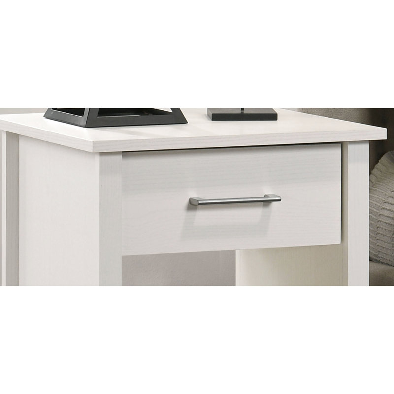 20 - Inch Wide, White, 1 Drawer, Nightstand, Open Lower Shelf, Silver Metal Handles, Particle Board, Bedside Table, Top Load Supporting Capacity, Drawer Shelf Capacity Limit, Limit