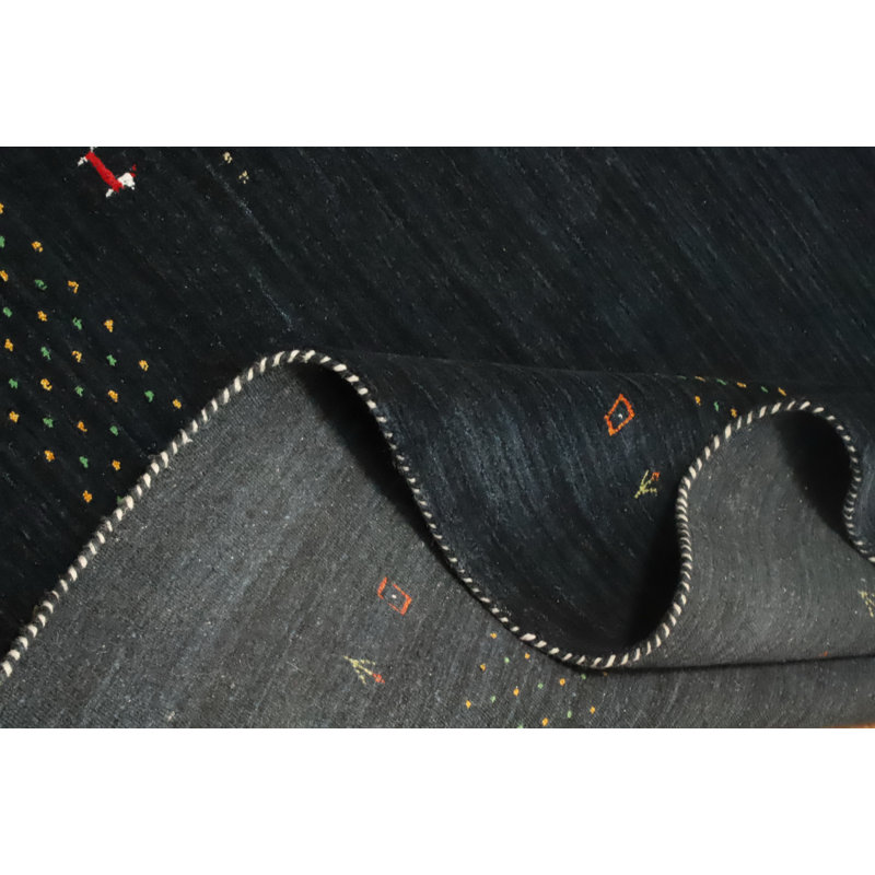 Tapis de style Gabbeh foncé minimaliste 9 x 9 avec broderie détaillée