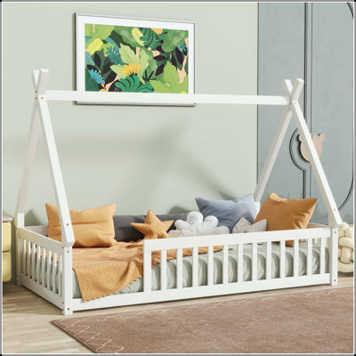 Twin Tent-Shaped Floor Bed - Teepee Design with Guardrails