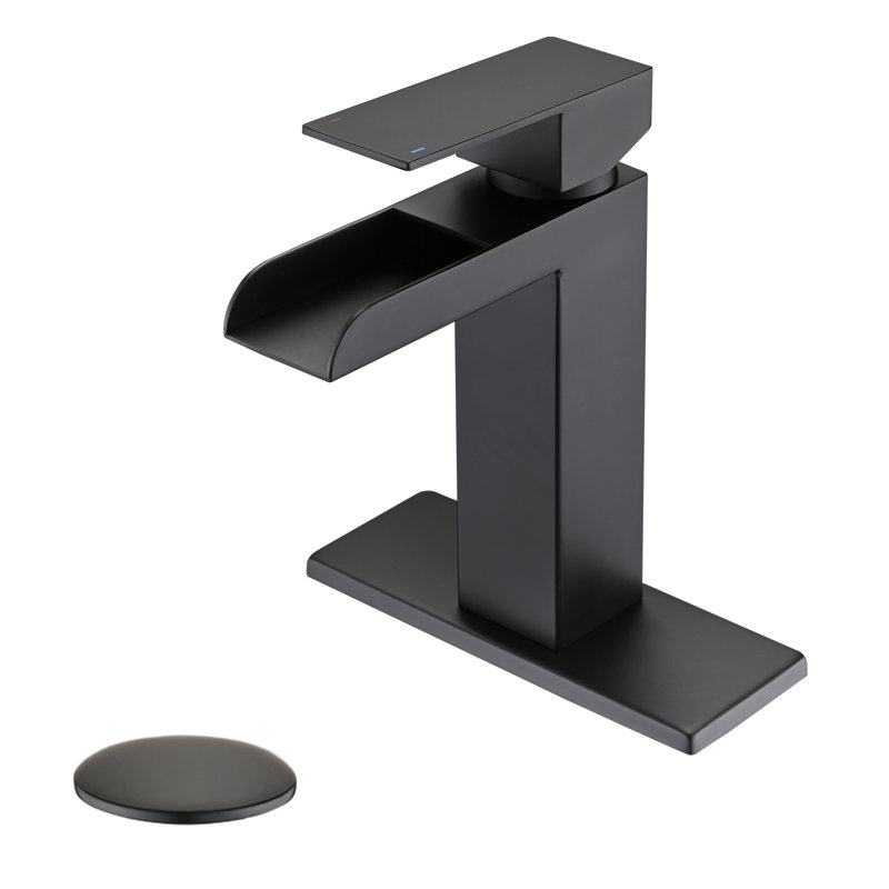 Modern Single Handle Waterfall Bathroom Sink Faucet With Deck And Pop-up Drain, Matte Black