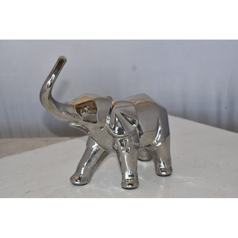 Silver Ceramic Elephant Statue with High-Polish Finish
