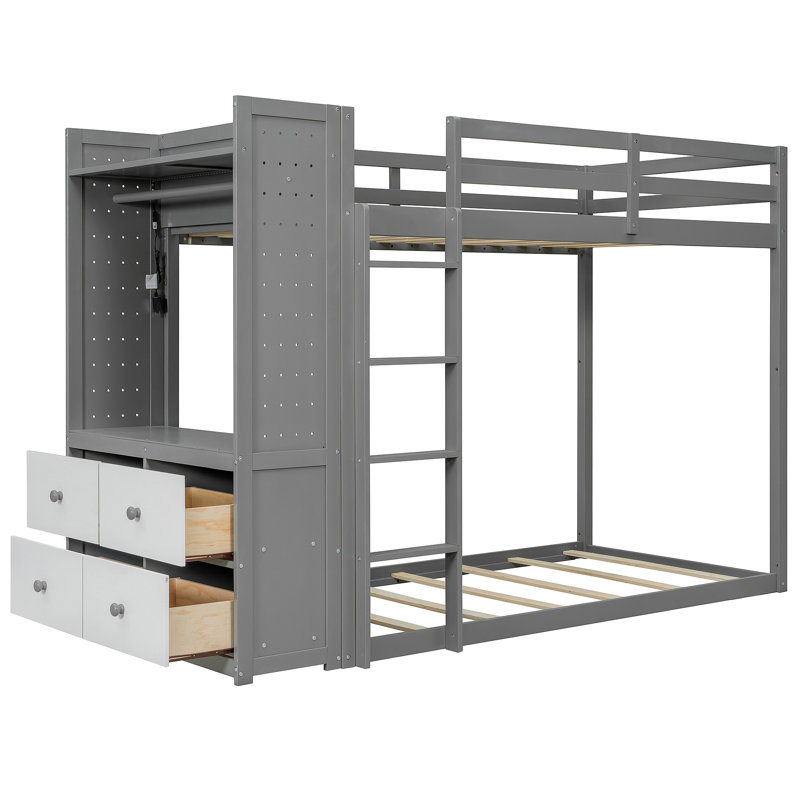 Lit superposé avec 4 tiroirs de rangement, rail suspendu, bande lumineuse et tablettes intégrées et 2 panneaux perforés, 3 couleurs disponibles