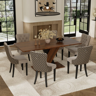 7 Pieces Modern Farmhouse Rectangle Dining Set with Mid-century High-end Tufted Dining Chair Set for 6