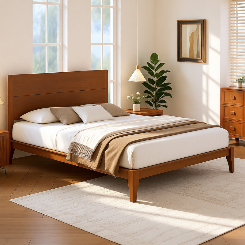 Mid-Century Modern Bamboo Platform Bed, Eco-Friendly Wood Frame with Metal Slat Support, No Box Spring Needed, Queen