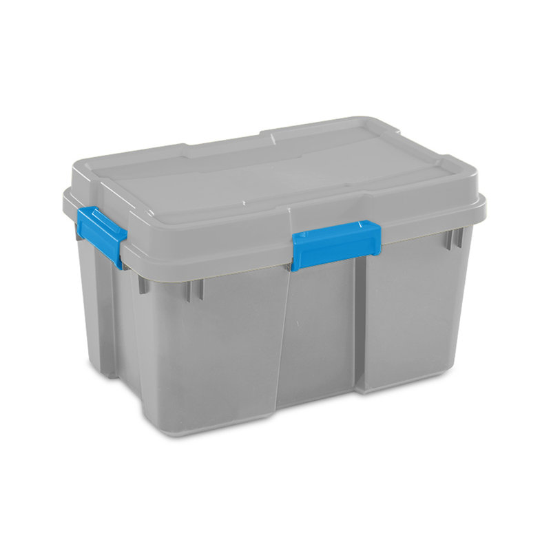 Boîte de rangement en plastique 30 gallons avec couvercle Sterilite, gris / bleu