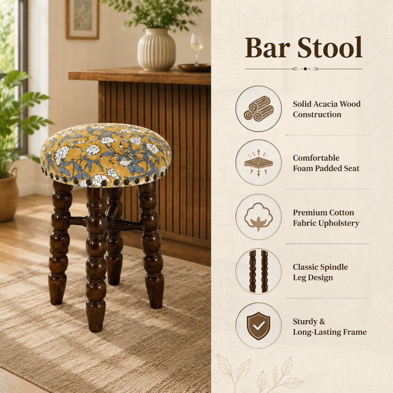Tabouret de bar rembourré Spindle avec structure en bois d'acacia massif, parfait pour le confort et la durabilité dans les cuisines modernes