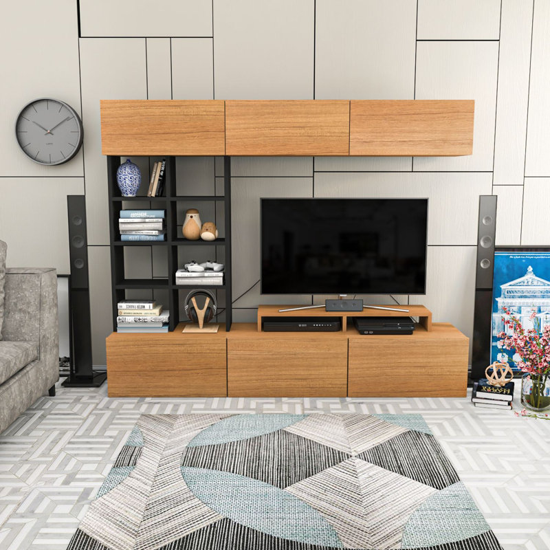 Modern TV Unit with Wall Shelf & Cabinet, Teak & Black, 70.9 x 15.7 x 14.6 inches | 100% Melamine Coated Particle Board, Thickness: 0.7 inches | Multiple Shelves, Wall-Mountable, Stylish & Functional Design for Living Room