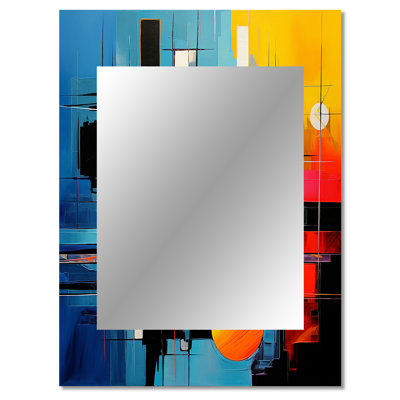Blue Orange Mid Century Abstract Reflections II - Midcentury Modern Decorative Wall Mirror, Blue Large Mirror, Printed Metal Art